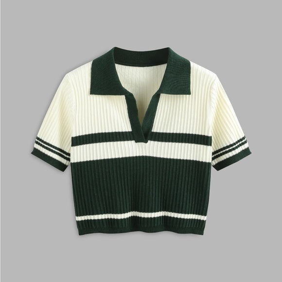Cider Tops - 🆕 Cider Knit Polo Striped Short Sleeve Crop Top